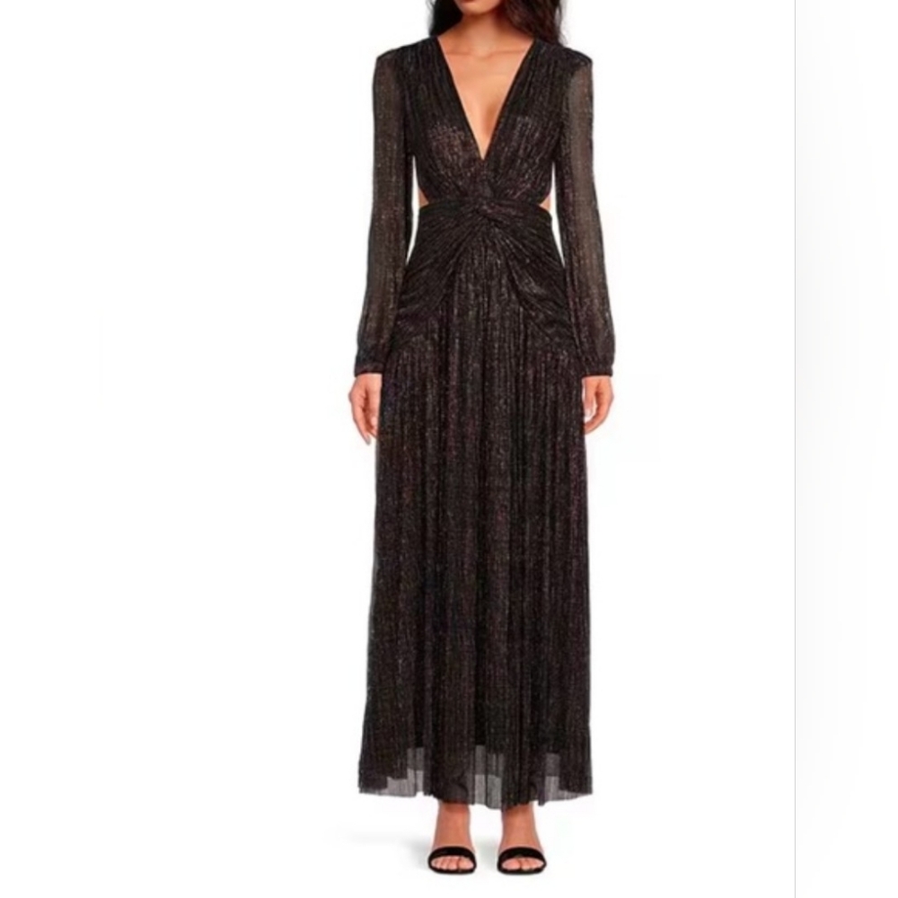 Gianni Bini Hazel Metallic Chiffon V-Neck Long Sleeve Cut Out Dress